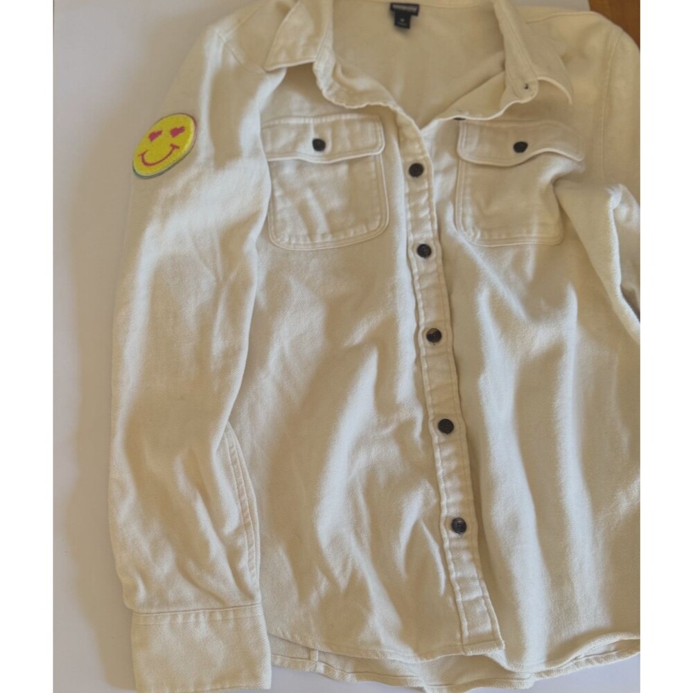 Patagonia Worn Wear Organic Cotton Cream Flannel Shirt Smiley Patch Womens M - Picture 9 of 16